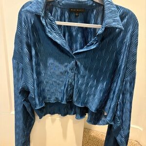 Blue Blush Textured Cropped Button Up Blouse Size L Blue Ruffle Hem